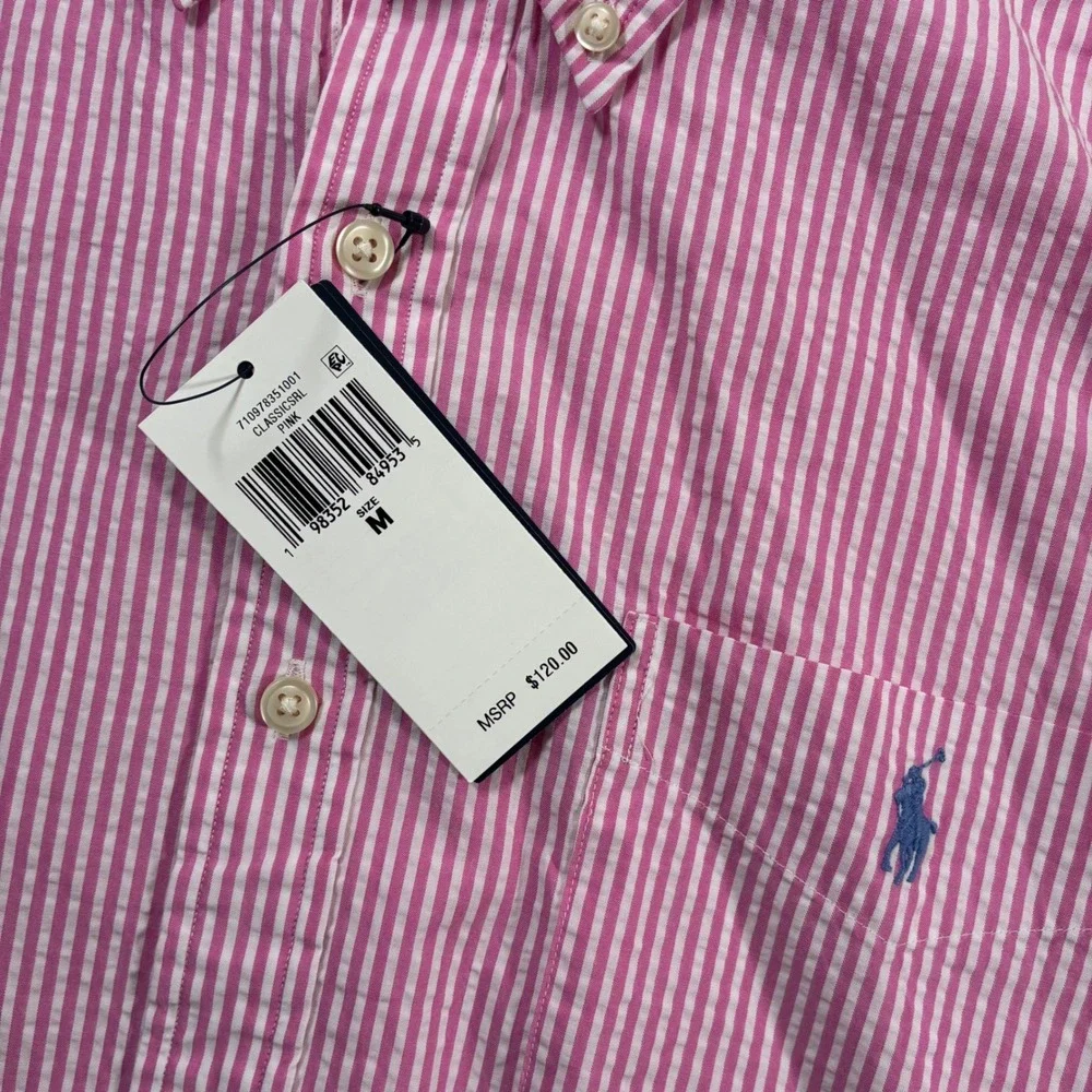 NEW Polo Ralph Lauren Seersucker Shirt Medium Pink Striped RL Untucked Fit
